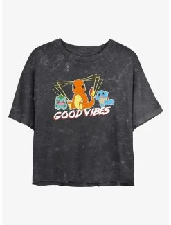 Hot Sale ✨ Boxlunch Pokemon Good Vibes Starters Mineral Wash 👩 Womens Crop T-Shirt 🥰
