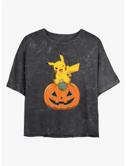 Discount 👍 Boxlunch Pokemon Pikachu Pumpkin Mineral Wash 👩 Womens Crop T-Shirt 😉